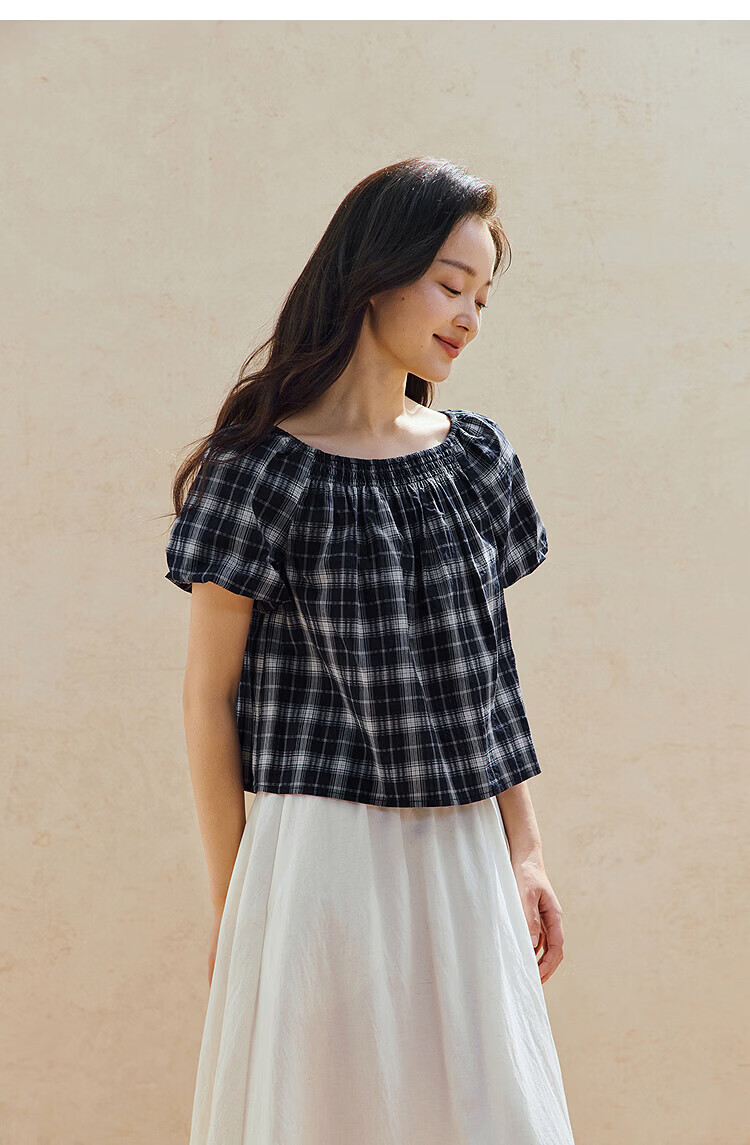 INMAN 100% Xinjiang Cotton Vintage Plaid Lantern Sleeve Shirt 2026 Summer Women's Off-Shoulder Top 11